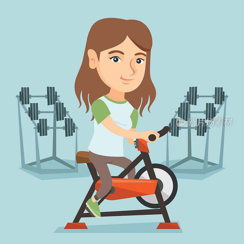 Young caucasian woman riding stationary bicycle